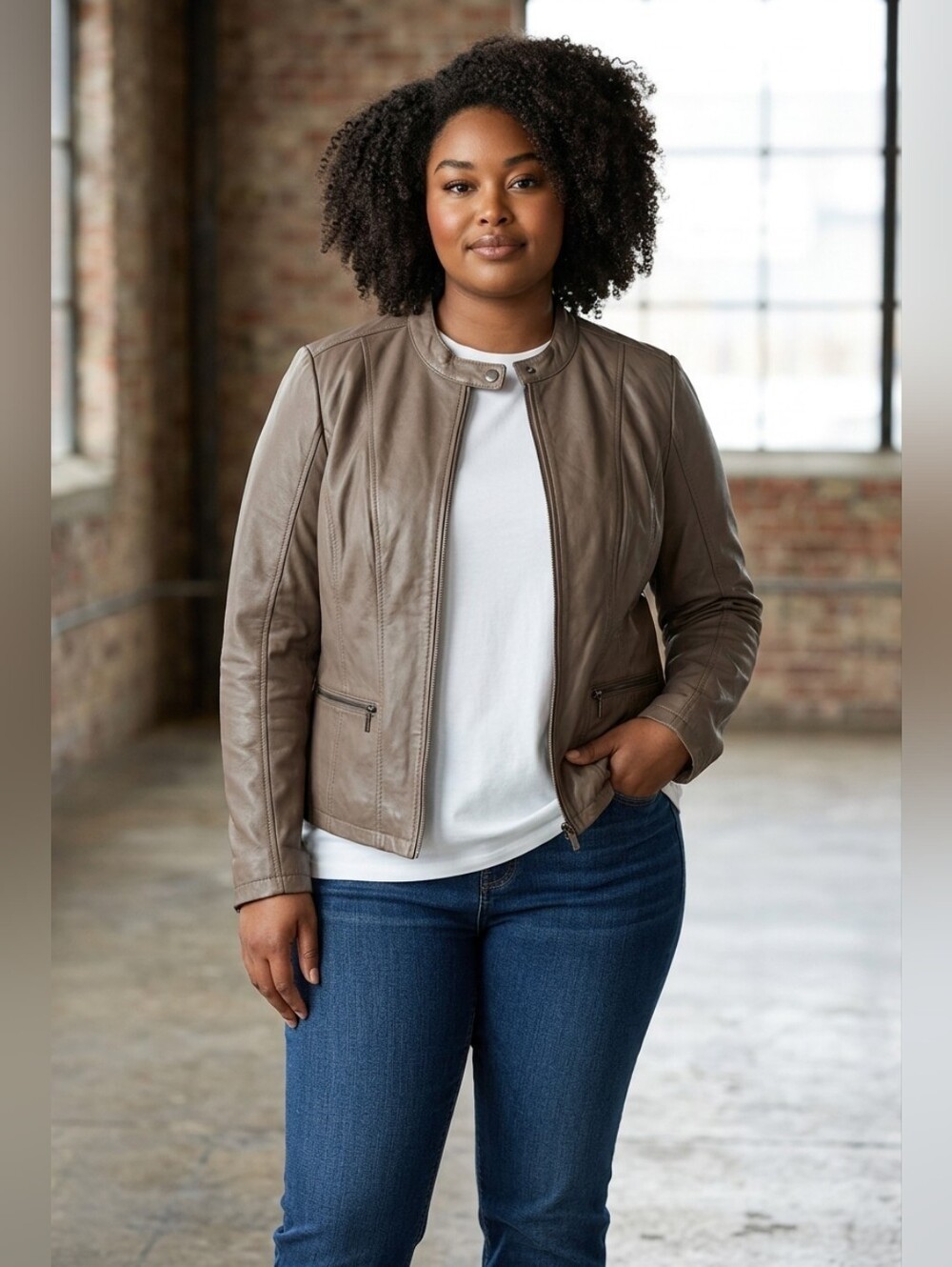 Mo-Ka By Santa Fe Apparel Women's Faux Leather Tan Biker Jacket, EUC